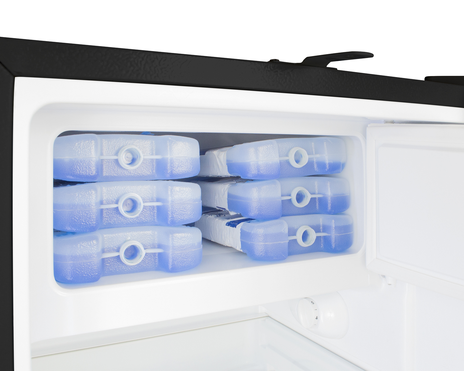 Built-in undercounter, ADA compliant refrigerator-freezer in black, designed for general purpose storage, manual defrost with glass shelves, front lock, and door storage
